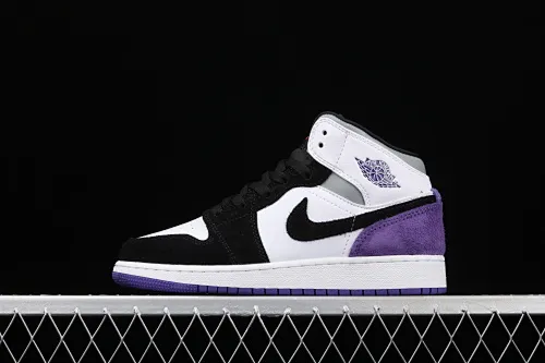 All categories Air Jordan Jordan series basketball shoes Air Jordan 1 Mid G version pure original Air Jordan 1 Mid GS AJ1 Joe 1 black and white purple Chinese basketball shoes BQ6931-105